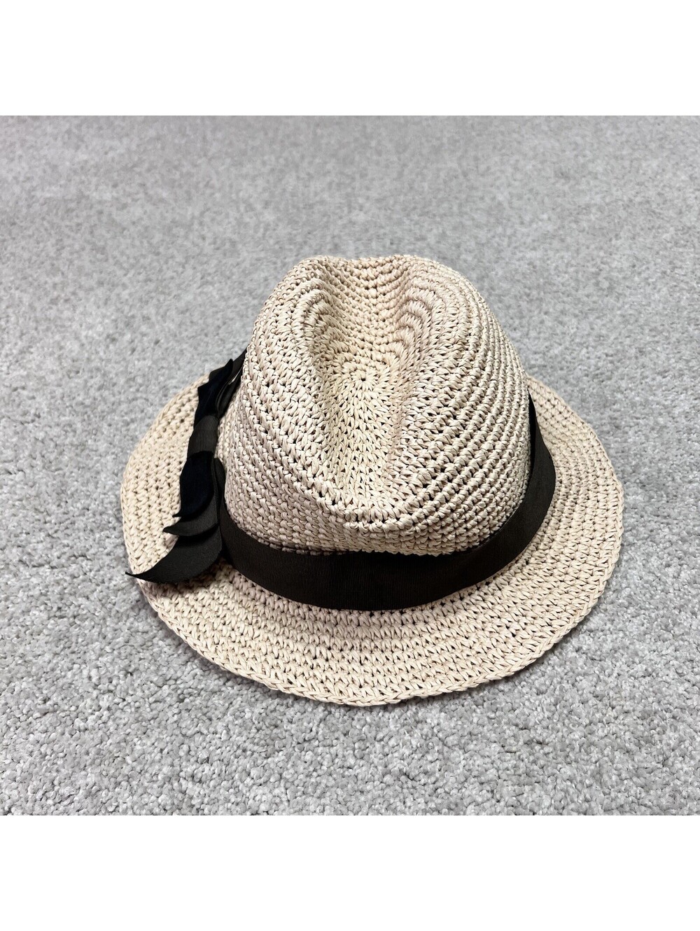 Pins and Needles Beige Paper Straw Fedora Hat with Black Band